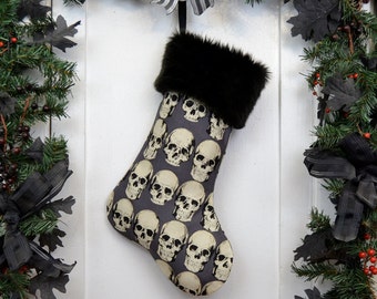 Goth Punk Halloween Christmas Stocking Realistic Anatomical Skulls, Gray Background, Black Faux Fur, Black Canvas Liner, Dark Christmas