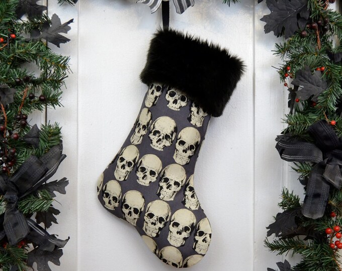 Goth Punk Halloween Christmas Stocking Realistic Anatomical Skulls, Gray Background, Black Faux Fur, Black Canvas Liner, Dark Christmas