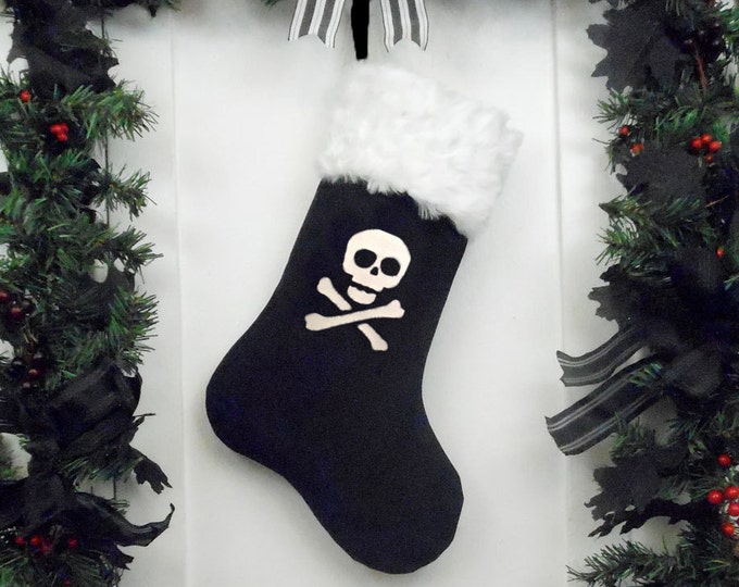 Pirate Skull and Crossbones Christmas Stocking, White Faux Fur, Goth Punk Black Canvas Liner