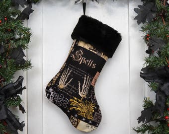 Handmade Gothic Spells Christmas Stocking, Black Faux Fur Trim