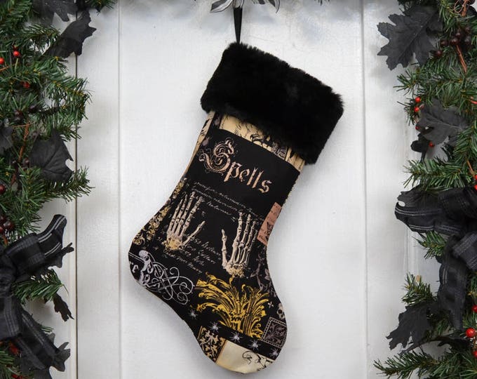 Nevermore Gothic Spells Christmas Stocking, Halloween Decoration, Black Faux Fur, Black Canvas Liner, Black Brown Patchwork Print