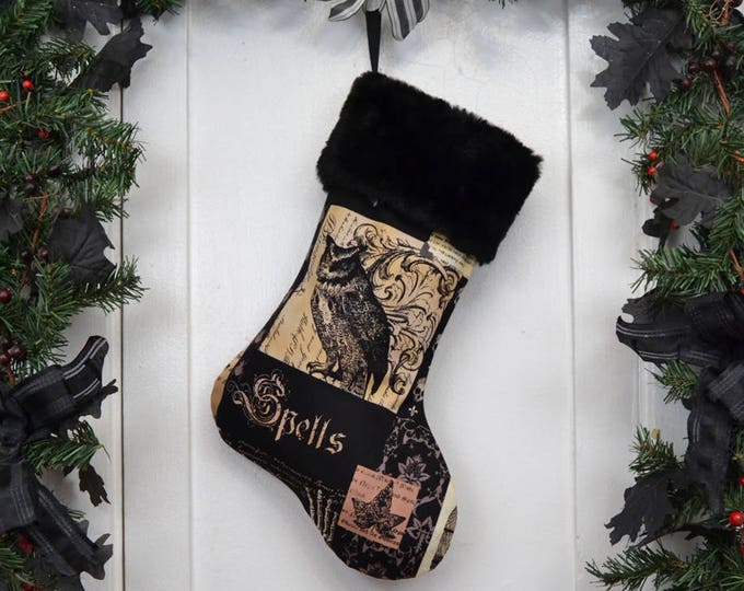 Nevermore Gothic Owl Christmas Stocking, Black Faux Fur, Halloween Decoration, Black Brown Patchwork Print, Black Canvas Liner