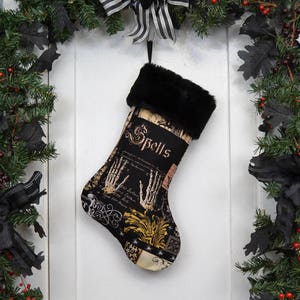 Nevermore Gothic Spells Christmas Stocking, Halloween Decoration, Black Faux Fur, Black Canvas Liner, Black Brown Patchwork Print image 1