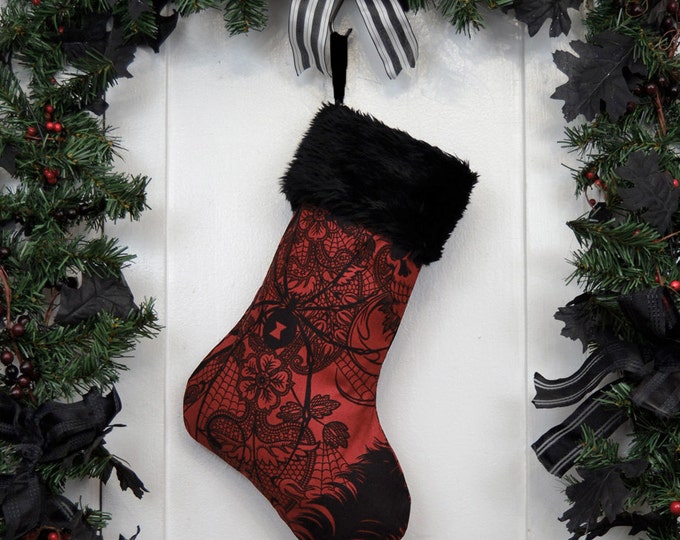 dark red gothic christmas stocking black widow and skulls black faux fur black canvas - Black Christmas Stockings dark red gothic christmas stocking black widow and skulls black faux fur black canvas - Black Christmas Stockings