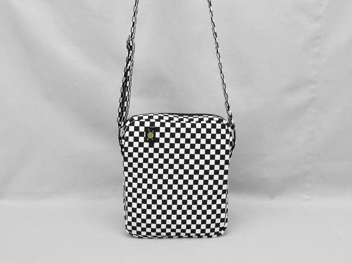 Black and White Checkered Small Crossbody Bag, Zipper Top Closure, Rude Girl Mod