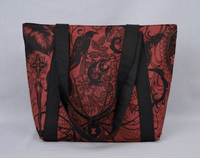 Gothic Zippered Tote Bag, Dark Red and Black, Skull, Black Widow, Ravens, Fabric Canvas Tote with Pockets