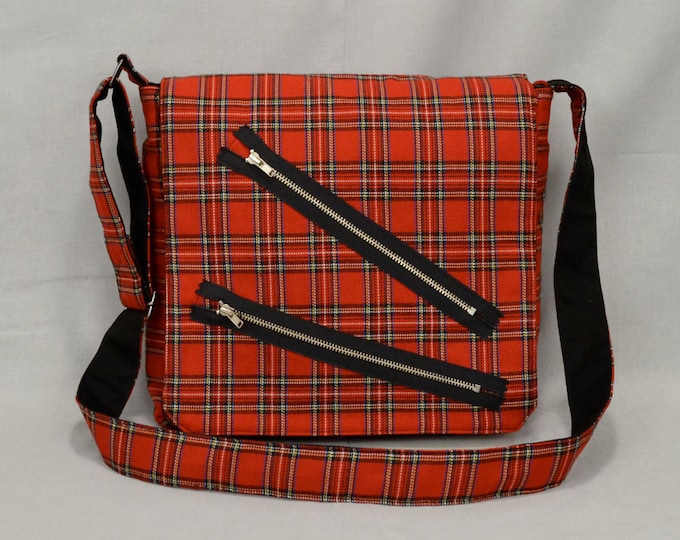 Punk Red Plaid Medium Size Messenger Bag, Bondage Pants Style with Zippers, Tablet and Phone Pockets, Crossbody Shoulder Bag