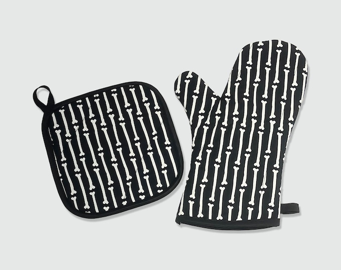 Skeleton Bone Stripe Oven Mitt or Pot Holder, Black and White