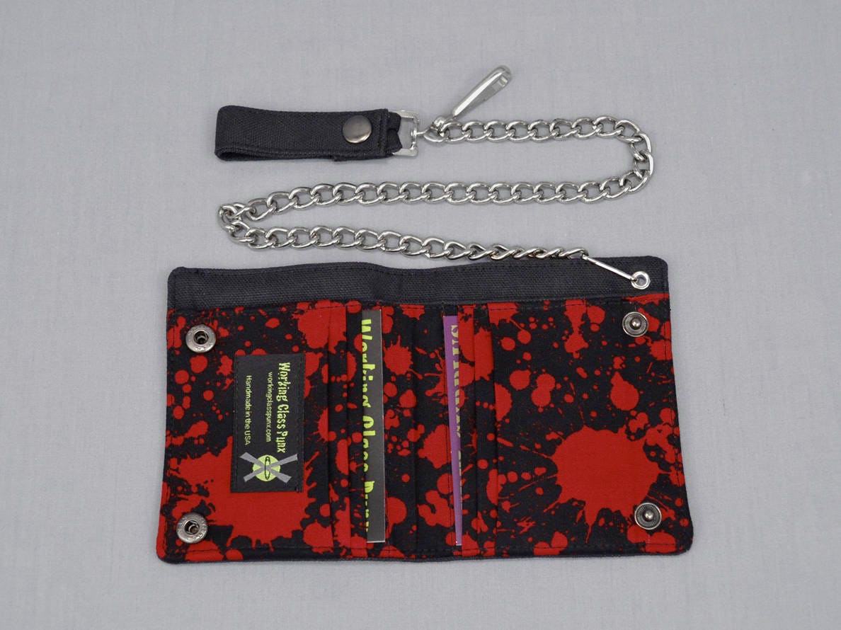 Vegan Chain Wallet Blood Splatter, Horror Wallet, Black Canvas