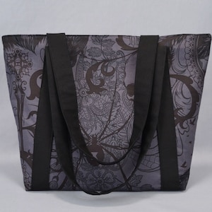 Handmade Gothic Zippered Tote Bag: Black Widow, Skull, and Ravens Print