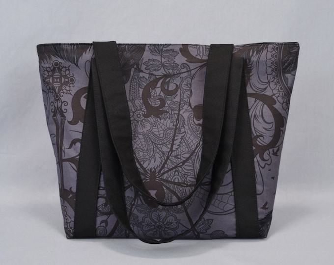 Gothic Zippered Tote Bag, Charcoal and Black, Black Widow, Ravens, Skull, Fabric Canvas Tote with Pockets, Goth, Punk, Halloween, Deathrock