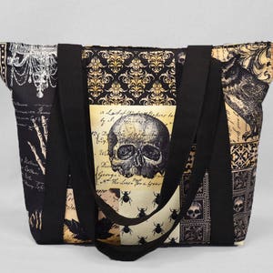 Zipper Tote Bag Nevermore Gothic Antique, Skulls Bats Owls, Black Sepia, Fabric Shoulder Bag with Pockets, Canvas Liner