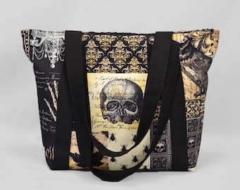 Zipper Tote Bag Nevermore Gothic Antique, Skulls Bats Owls, Black Sepia, Fabric Shoulder Bag with Pockets, Canvas Liner