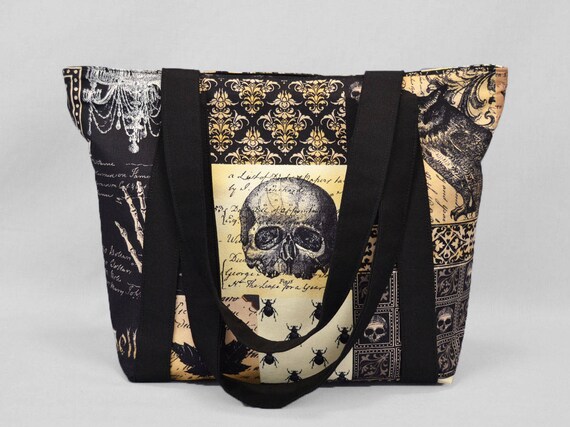 Gothic Skulls Bats Owls Zipper Tote Bag, Black Sepia Fabric