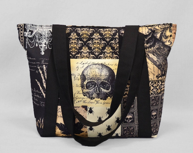 Zipper Tote Bag Nevermore Gothic Antique, Skulls Bats Owls, Black Sepia, Fabric Shoulder Bag with Pockets, Canvas Liner