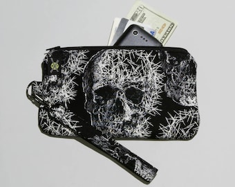 Shattered Skulls Phone Zipper Wristlet, Punk Rock, Fabric Clutch, Zipper Pouch, Goth Wristlet, Detachable Strap, Black White, Small Purse