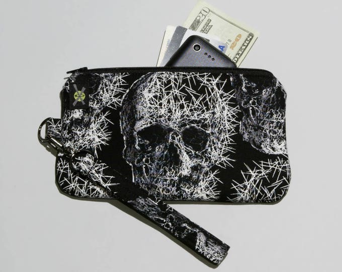 Shattered Skulls Phone Zipper Wristlet, Punk Rock, Fabric Clutch, Zipper Pouch, Goth Wristlet, Detachable Strap, Black White, Small Purse