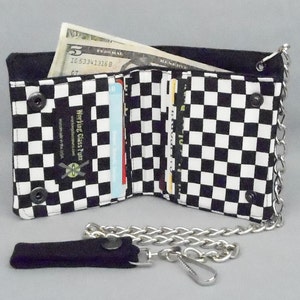 Cartera vegana con cadena a cuadros en blanco y negro, estilo skater punk, ska core, rude boy, rude girl, tela de lona