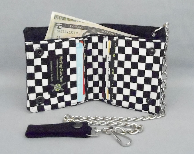 Vegan Chain Wallet Black and White Checkered, Skater Punk, Ska Core, Rude Boy, Rude Girl, Canvas Fabric