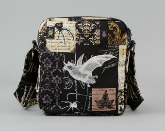 Nevermore Gothic Bat Small Crossbody Bag, Zipper Closure, Fabric Purse with Pockets, Goth Halloween, Witch Potion Bottles, Black Brown