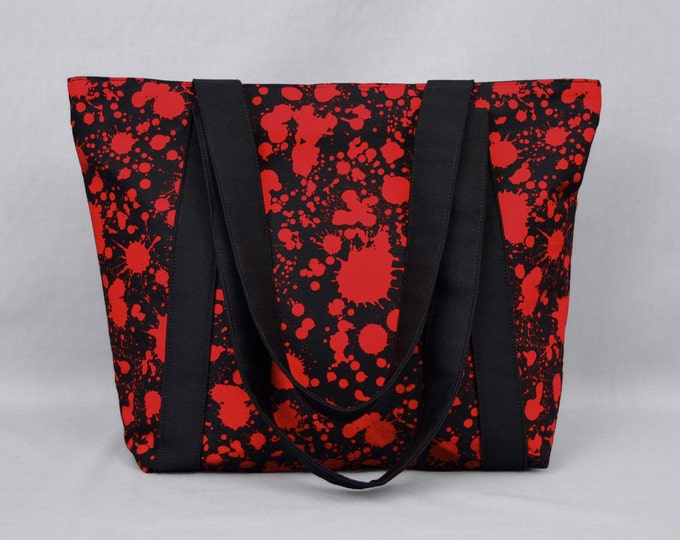 Blood Splatter Tote Bag, Zipper Top Closure, Goth Purse, Halloween Horror Fan, Fabric Canvas Tote with Pockets, Deathrock, Punk, Psychobilly