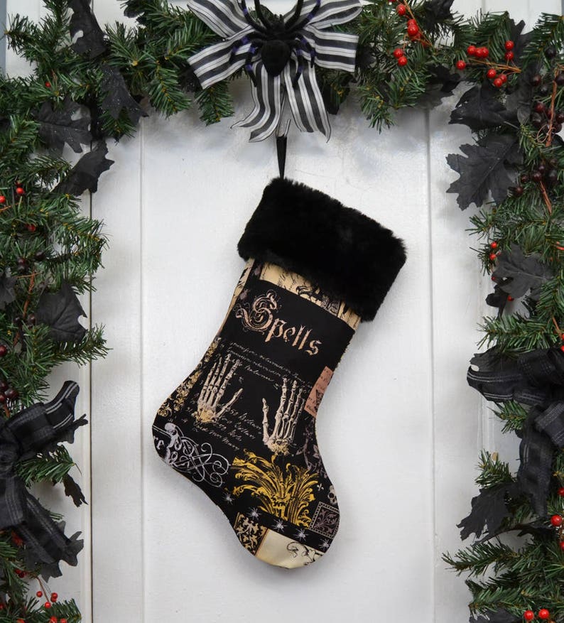 Nevermore Gothic Spells Christmas Stocking, Halloween Decoration, Black Faux Fur, Black Canvas Liner, Black Brown Patchwork Print image 1