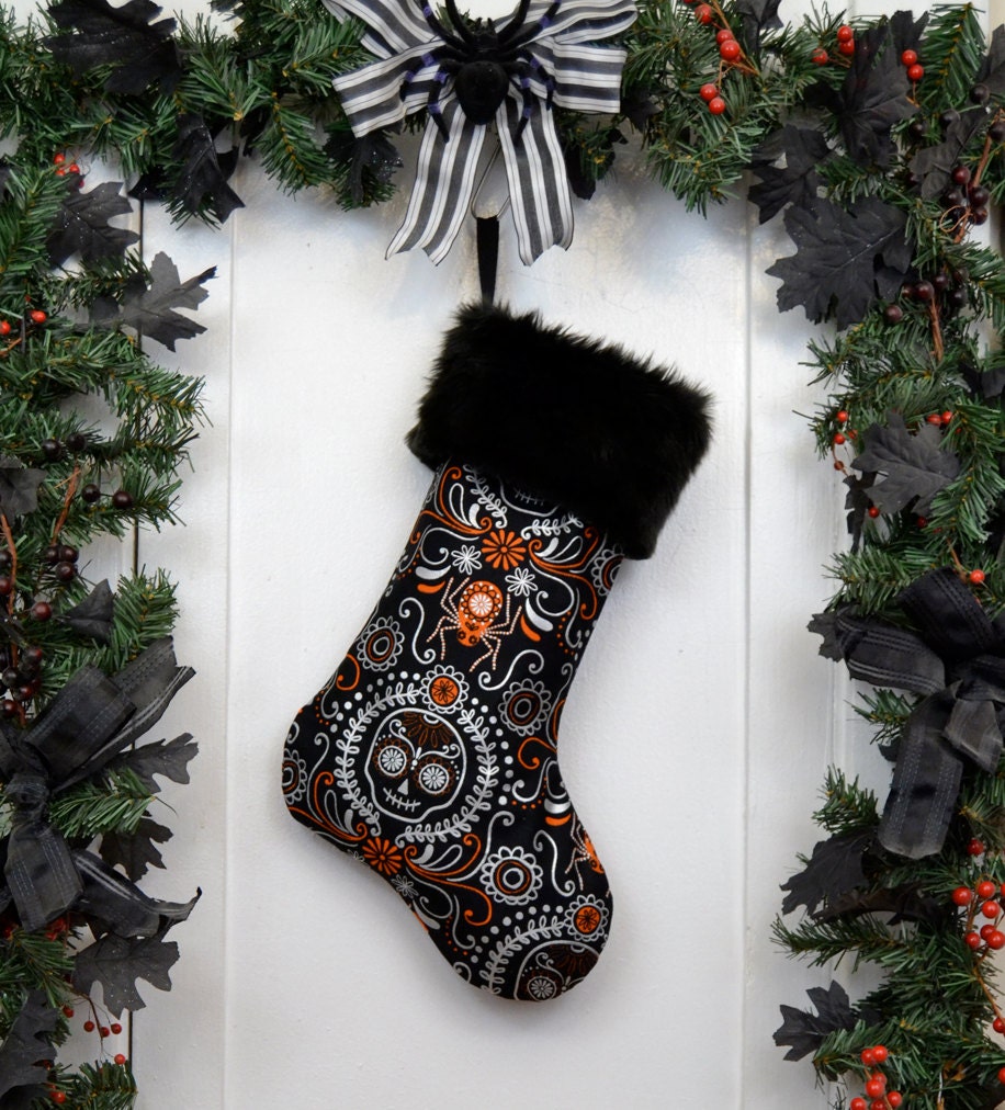 Day of the Dead Christmas Stocking, Silver Metallic, Black Orange