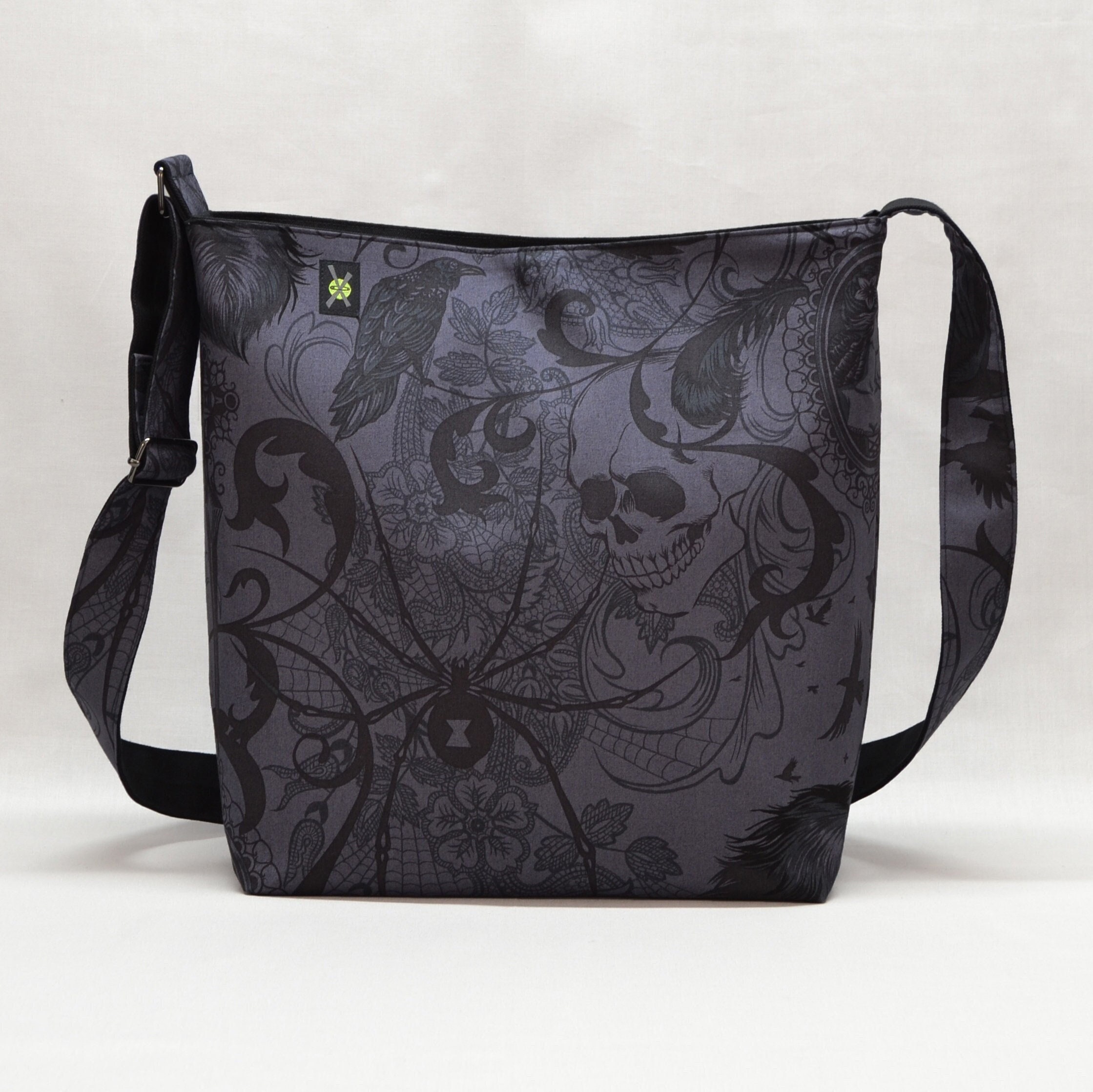 Gothic Black Widow Large Crossbody Bag, Work School Book Bag, Ravens  Skulls, Fabric Canvas Shoulder Bag, Charcoal Black