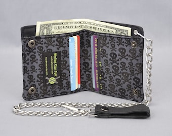 Skull and Crossbones Vegan Chain Wallet, Black and Gray, Black Canvas, Fabric Pockets, Punk Pirate, Skater, Goth, Guys Girls, Tomboy