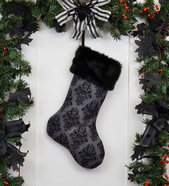 Goth Halloween Pumpkin Christmas Stocking, Black and Charcoal Gray Damask, Black Faux Fur, Halloween Decoration, Black Canvas Liner
