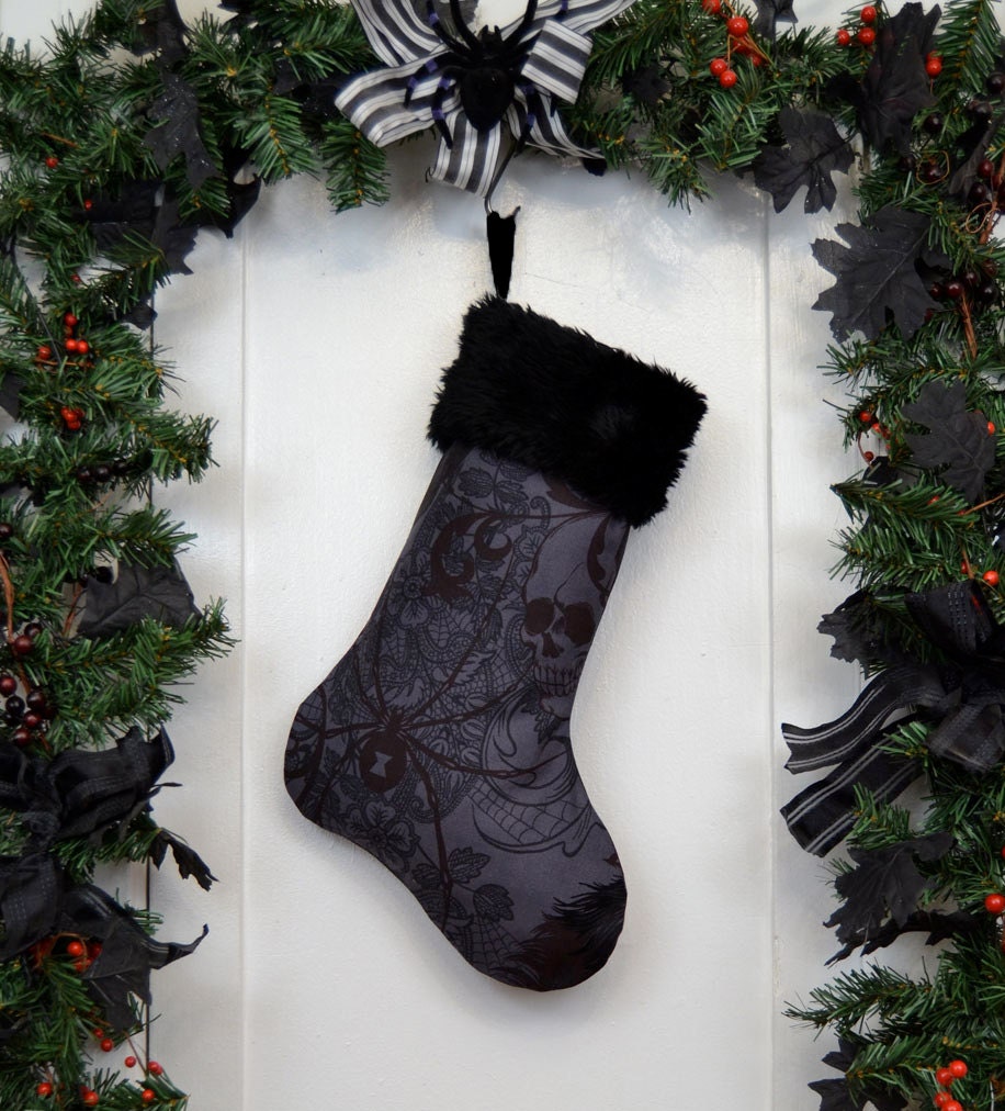 charcoal gray gothic christmas stocking black widow and skulls black faux fur black canvas liner halloween decoration - Black Christmas Stocking charcoal gray gothic christmas stocking black widow and skulls black faux fur black canvas liner halloween decoration - Black Christmas Stocking