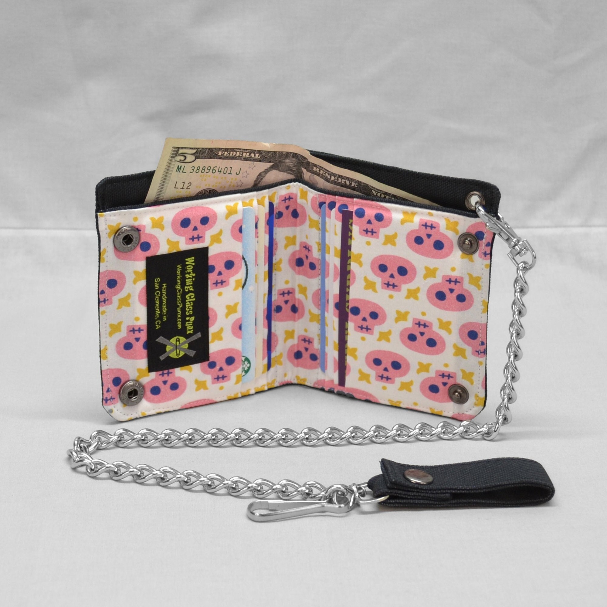 Pink Skulls Vegan Chain Wallet Gold Stars Fabric Pockets Black