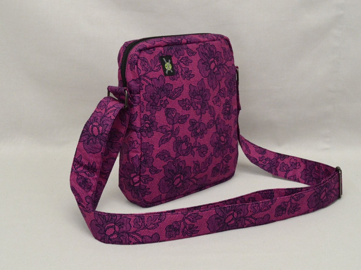 Small Crossbody Bag with Zipper, Fuchsia Purple and Black Flower Lace