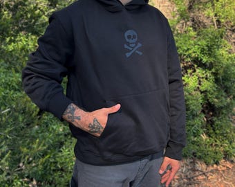 Black on Black Skull Hoodie Heavyweight Sweatshirt Punk Goth