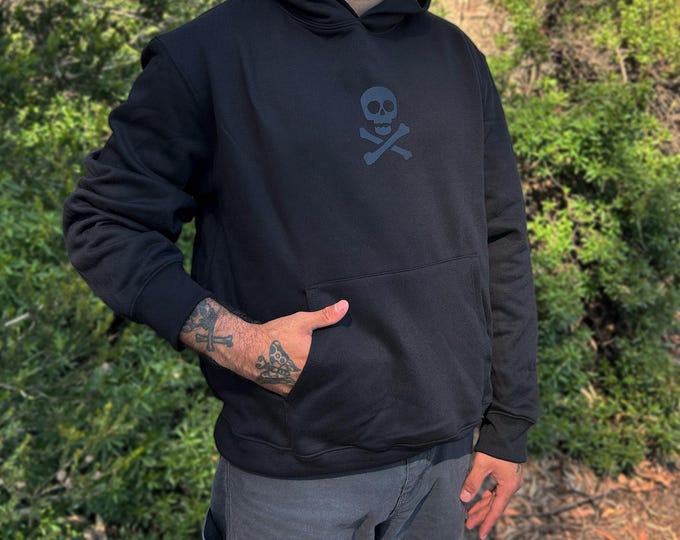 Black on Black Skull Hoodie Heavyweight Sweatshirt Punk Goth