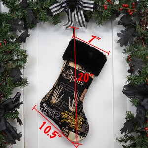 Nevermore Gothic Spells Christmas Stocking, Halloween Decoration, Black Faux Fur, Black Canvas Liner, Black Brown Patchwork Print image 2