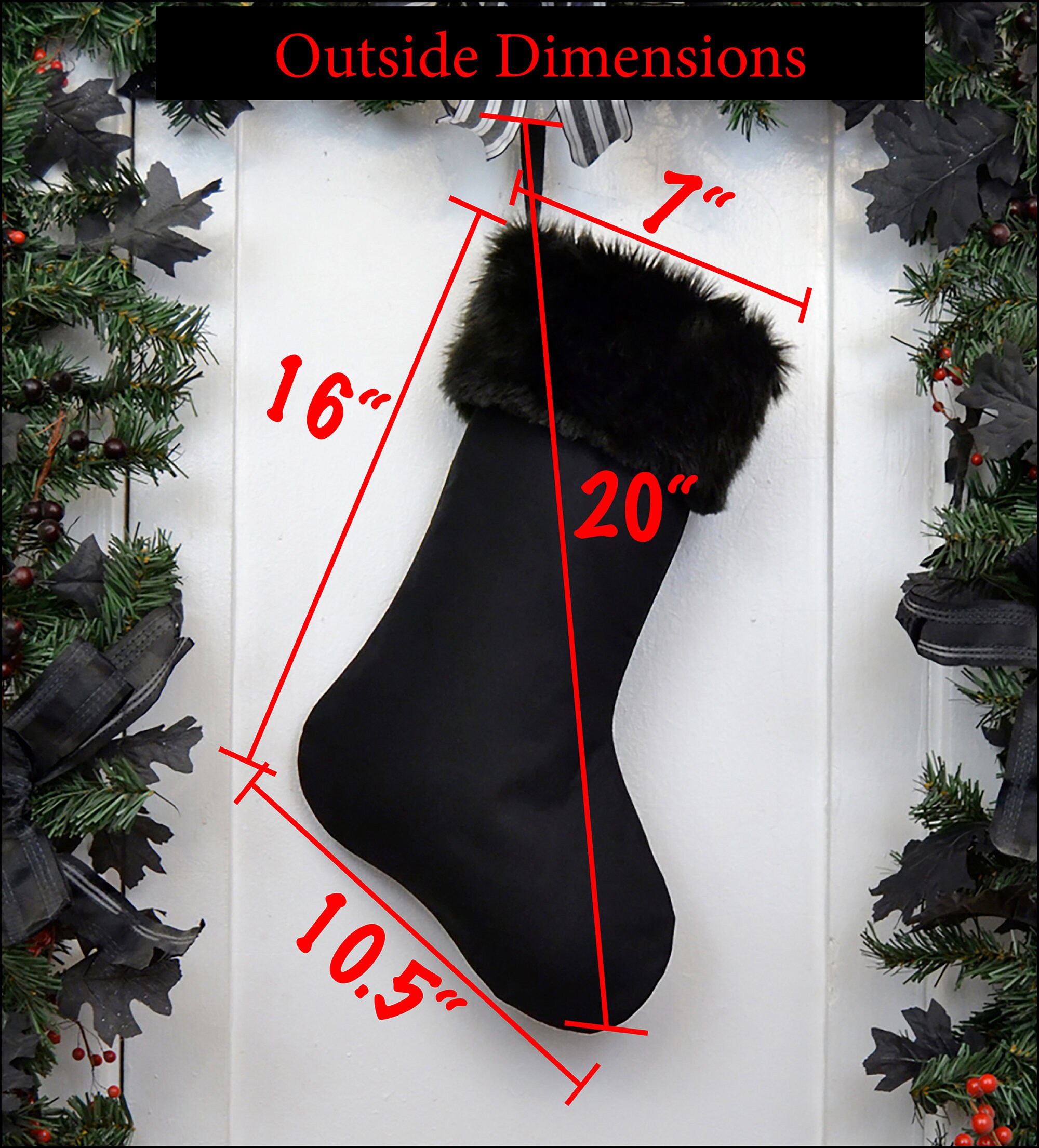 Plain All Black Christmas Stocking with White Fur Black Christmas Stocking