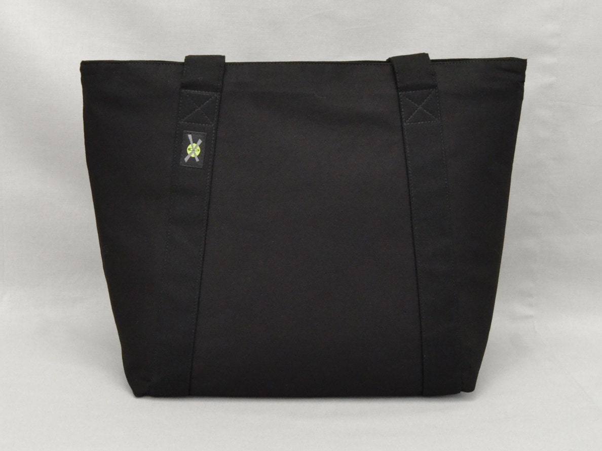 Black Zippered Tote Bag, Fabric Purse with Pockets, Heavy Duty Canvas Liner, Plain Black No ...