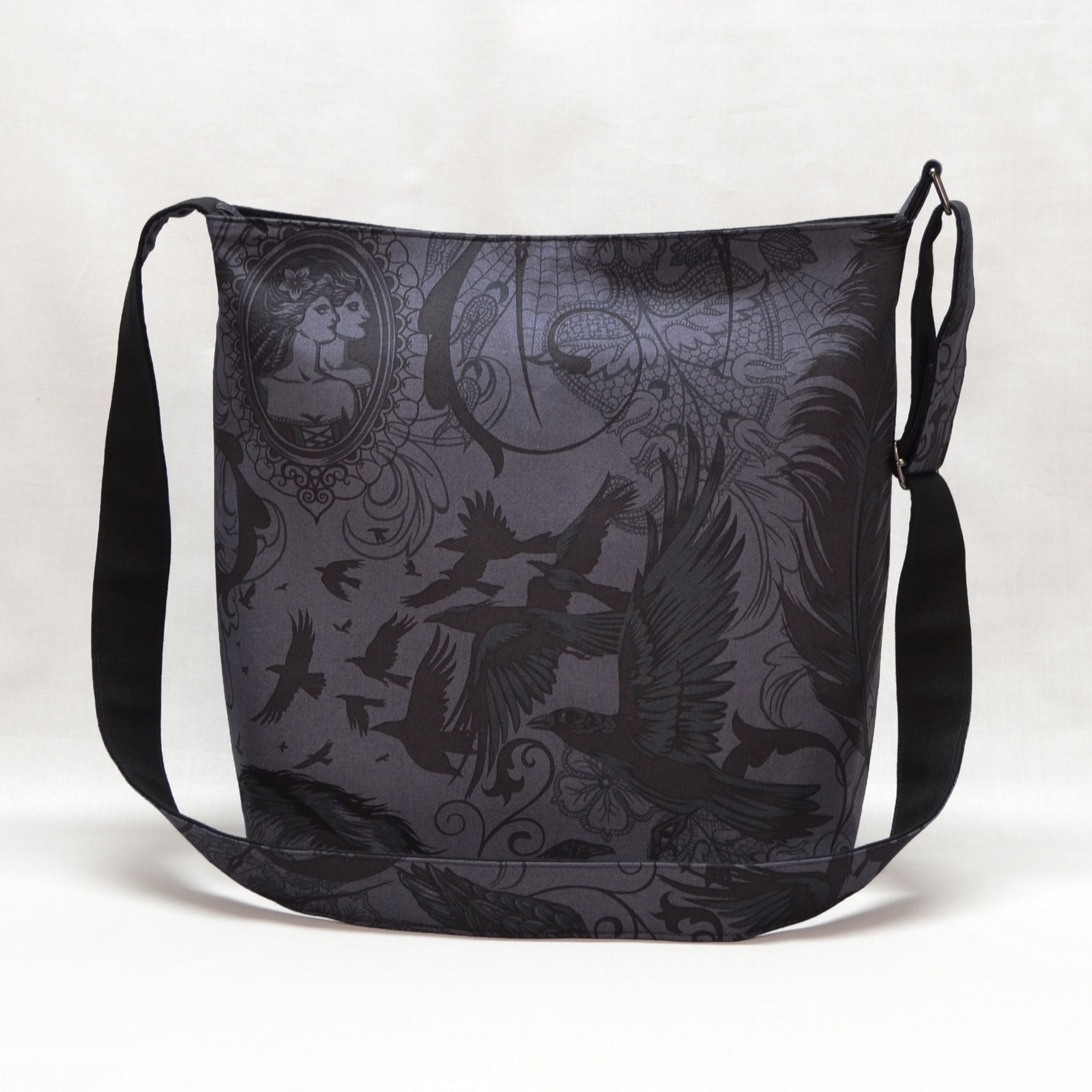 Gothic Black Widow Large Crossbody Bag, Work School Book Bag, Ravens  Skulls, Fabric Canvas Shoulder Bag, Charcoal Black