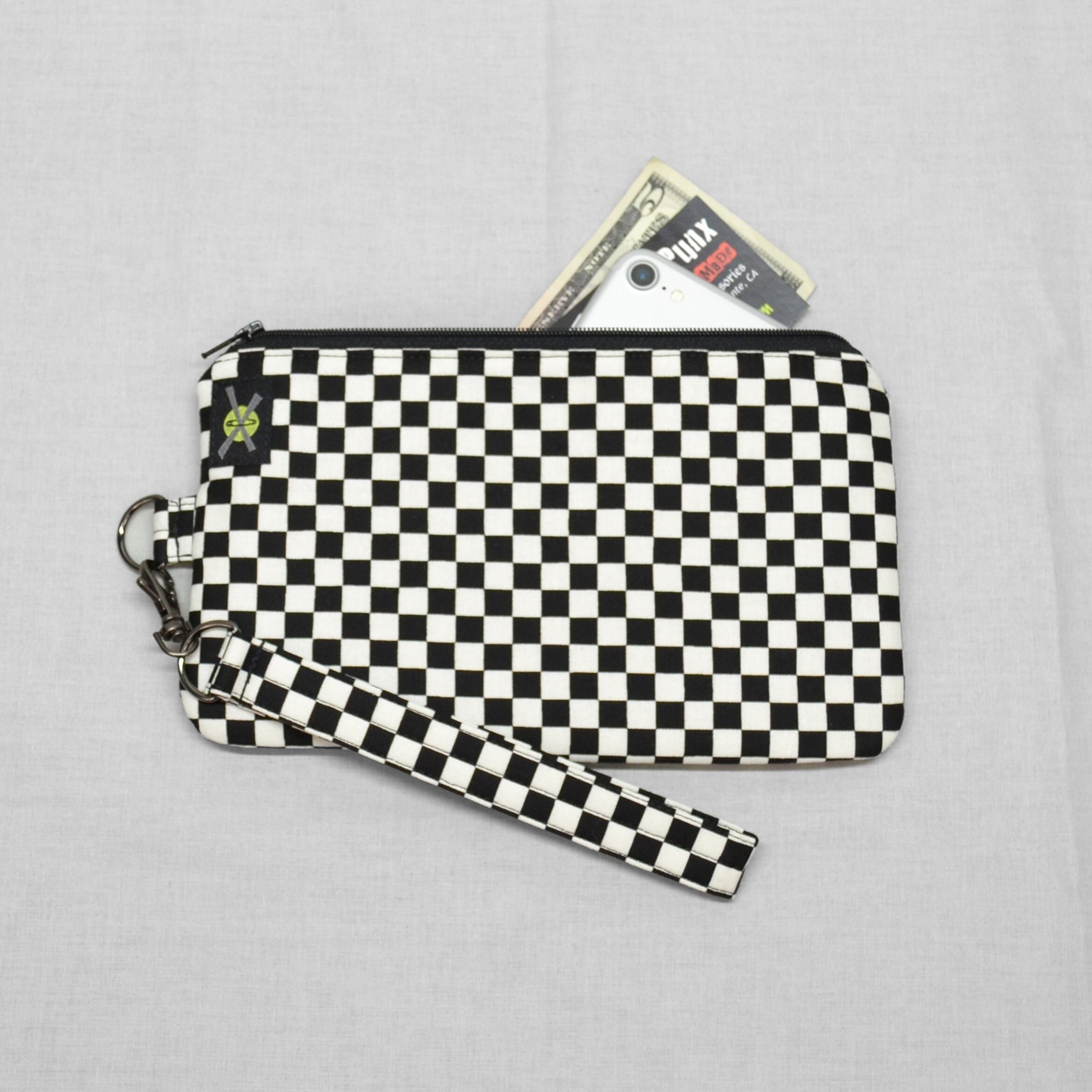 Black and White Checkered Phone Purse Wristlet, Zipper Pouch