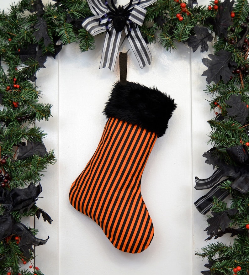 Halloween Decoration Black Faux Fur Canvas Liner Orange and Black Stripe Halloween Christmas Stocking