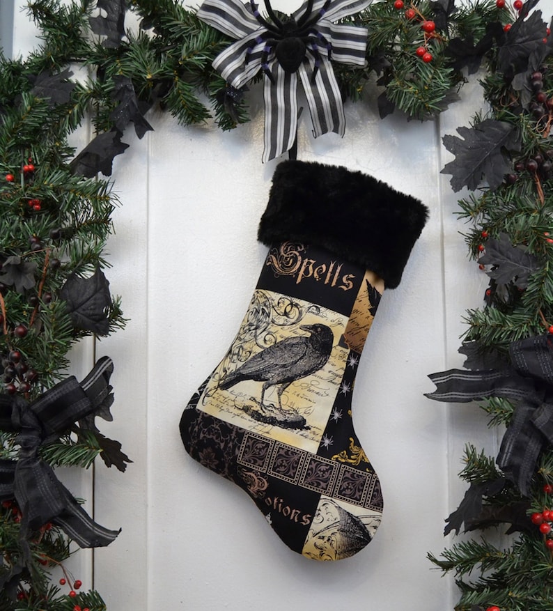 Nevermore Gothic Raven Christmas Stocking, Black Faux Fur, Black Brown Patchwork Print, Halloween Decoration image 1