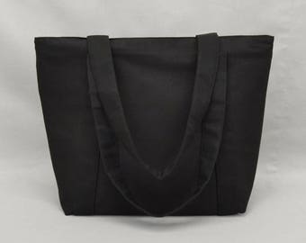 Black Zippered Tote Bag, Fabric Purse with Pockets, Canvas Liner, Women's Shoulder Bag, Plain No Print