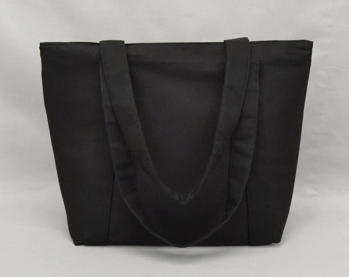 Black Zippered Tote Bag, Fabric Purse with Pockets, Canvas Liner, Women's Shoulder Bag, Plain No Print