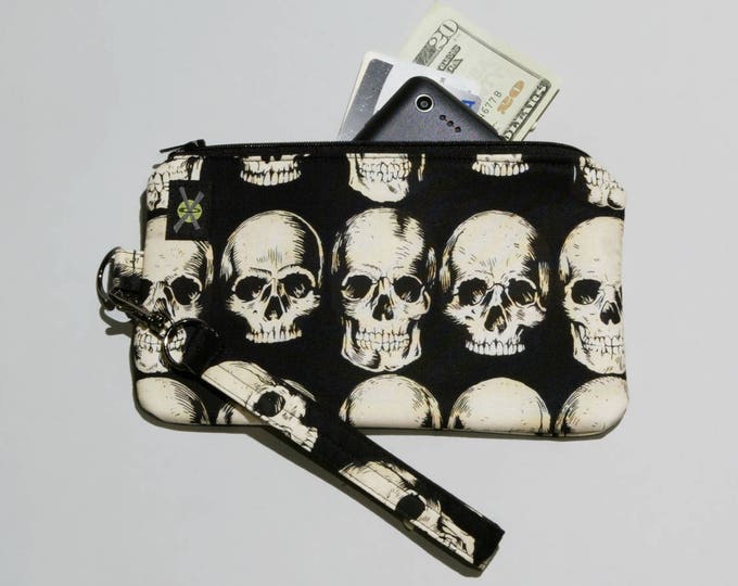 Goth Punk Phone Wristlet, Realistic Anatomical Skulls on Black, Zipper Pouch, Wallet Wristlet, Detachable Strap, Small Purse