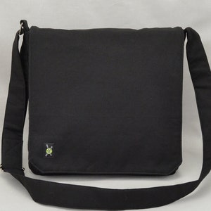 All Black Medium Size Canvas Messenger Bag, Mens Womens, Zipper iPad Tablet Phone Pockets, Crossbody Shoulder Bag