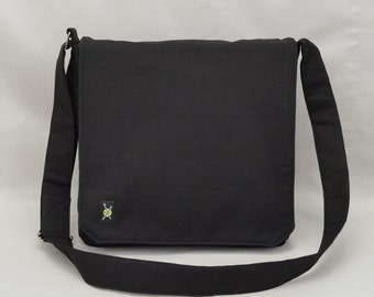 All Black Medium Size Canvas Messenger Bag, Mens Womens, Zipper iPad Tablet Phone Pockets, Crossbody Shoulder Bag