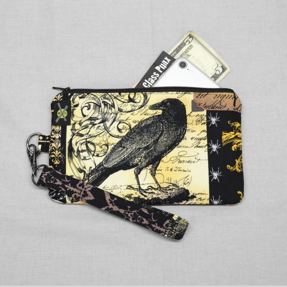 Handmade Gothic Nevermore Raven Wristlet, Phone Purse, Detachable Strap