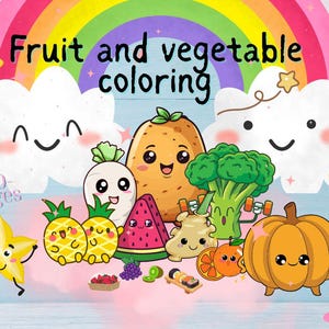 100-Cute Fruit and Vegetable Coloring  Book for kids l 100 pages l kawaii Baby Fruit and Vegetable Activity Book l Instant Digital Download