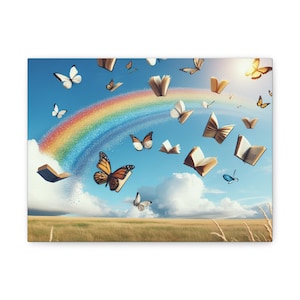 Fantazyjny motyl i płótno ścienne z książką, kolorowa dekoracja do domu, sztuka inspirowana naturą, prezent dla miłośników książek, nadruk tęczowy